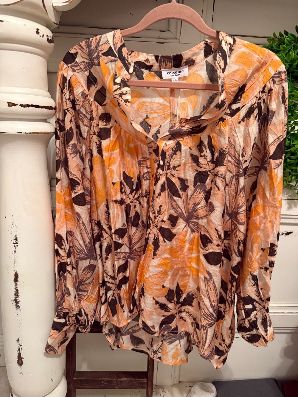 Lil Bees Bohemian eesome Peach and Brown Floral Long-Sleeve Blouse